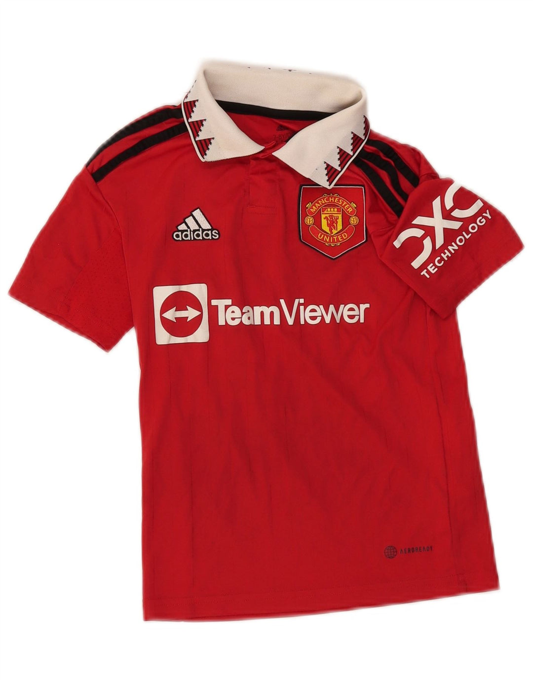 ADIDAS Boys Manchester United Graphic Polo Shirt 7-8 Years Red Colourblock