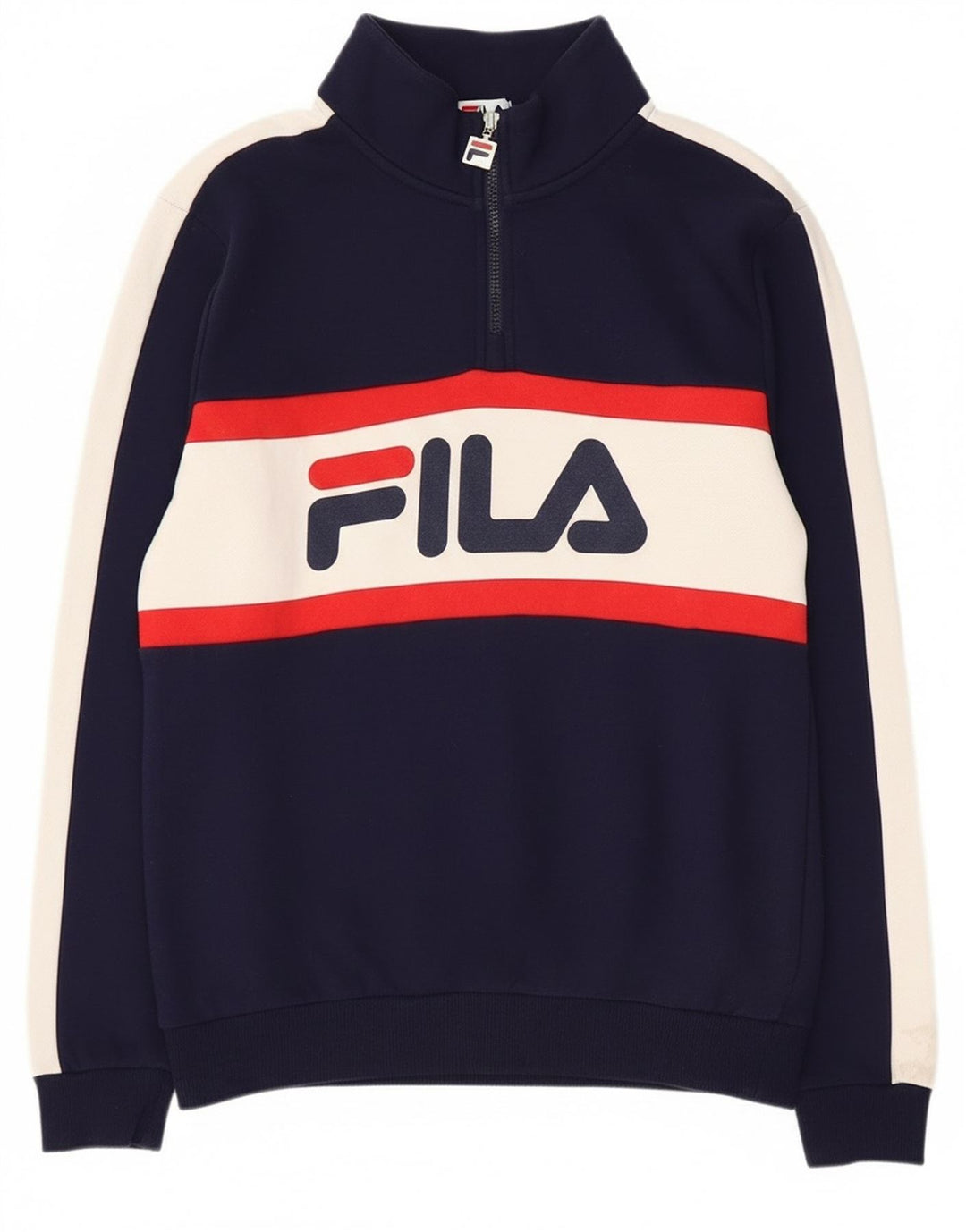 Fila Mens Graphic Zip Neck Sweatshirt Jumper Small Navy Blue Colourblock