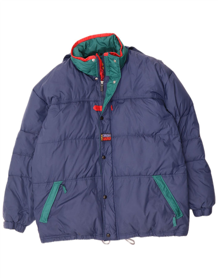 Vintage Mens Hooded Padded Jacket UK 40 Large Navy Blue Colourblock