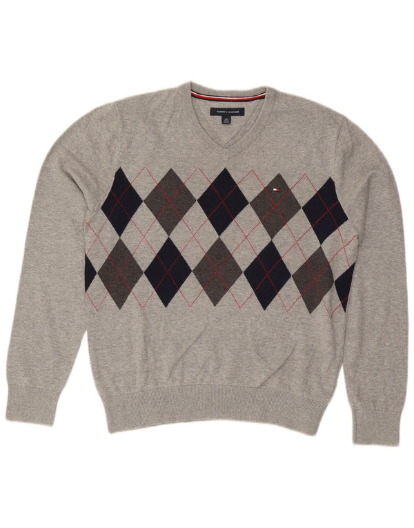 Tommy Hilfiger Womens V-Neck Jumper Sweater UK 6 XS Grey Argyle/Diamond