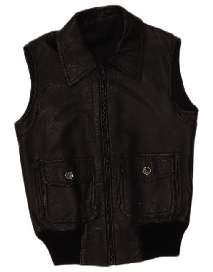 Vintage Mens Leather Gilet UK 36 Small Black Leather
