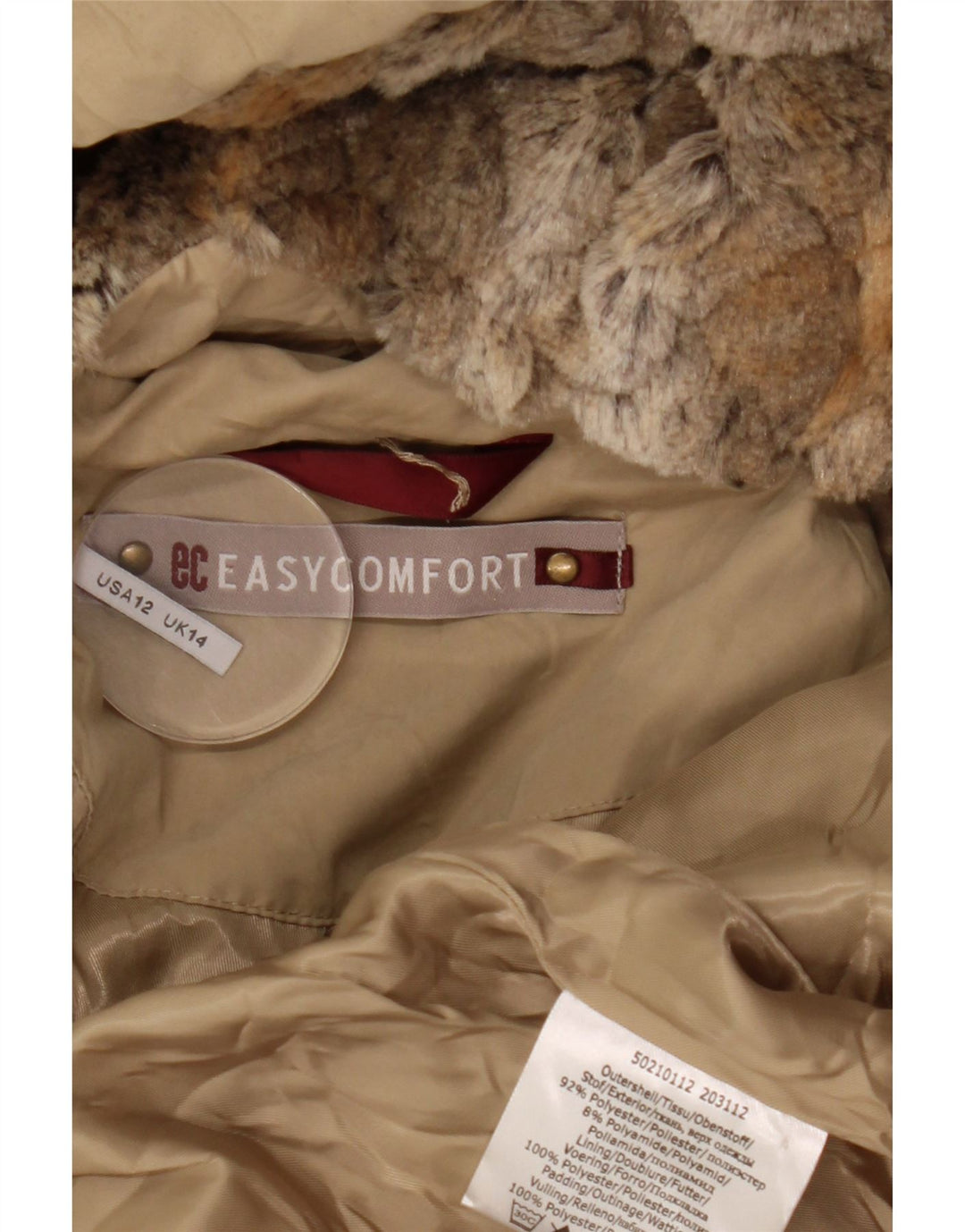 Easy Comfort Womens Hooded Padded Coat UK 14 Large Beige Polyester