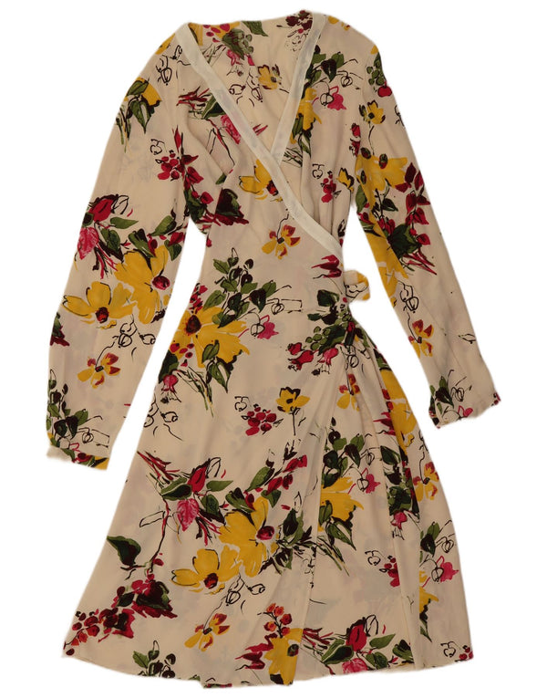 Vintage Womens Long Sleeve Wrap Dress UK 16 Large Off White Floral Silk