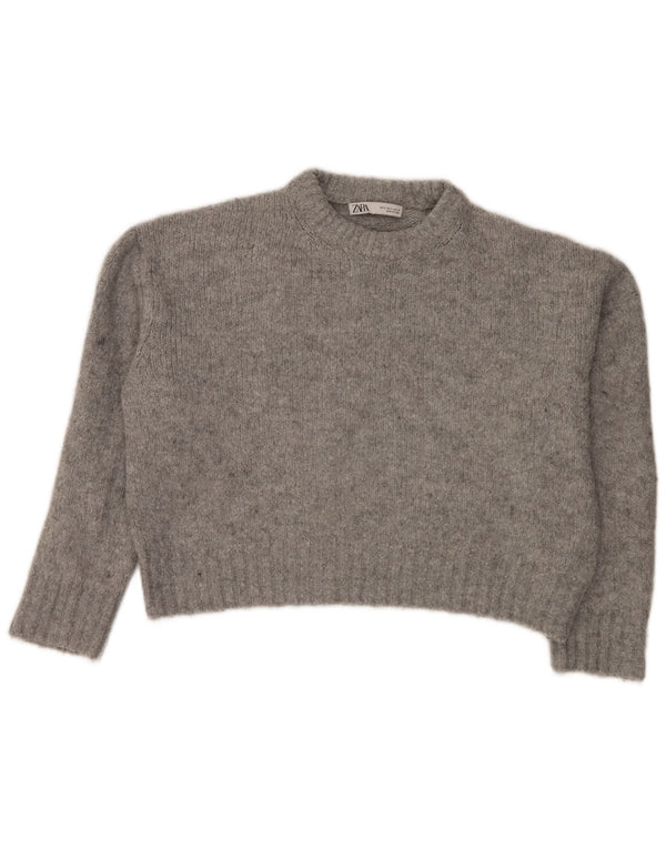Zara Womens Crop Crew Neck Jumper Sweater UK 10 Small Grey Flecked
