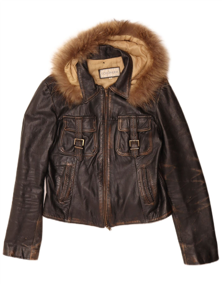 Coconuda Womens Hooded Leather Jacket UK 14 Large Brown Leather