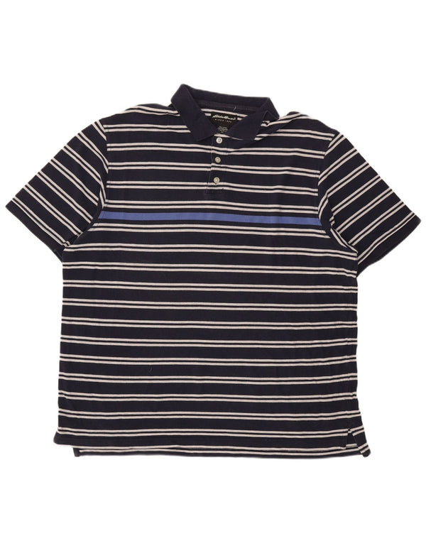 Eddie Bauer Mens Polo Shirt 2XL Navy Blue Striped Cotton