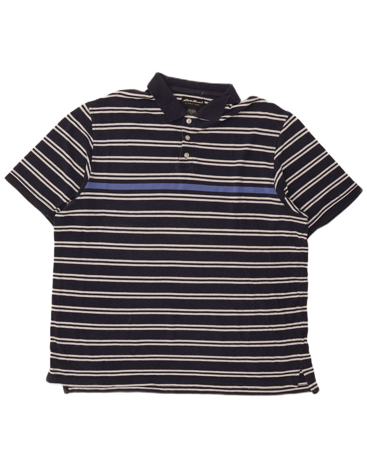 Eddie Bauer Mens Polo Shirt 2XL Navy Blue Striped Cotton