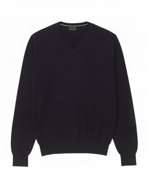 Massimo Dutti Mens V-Neck Jumper Sweater Medium Navy Blue Cotton