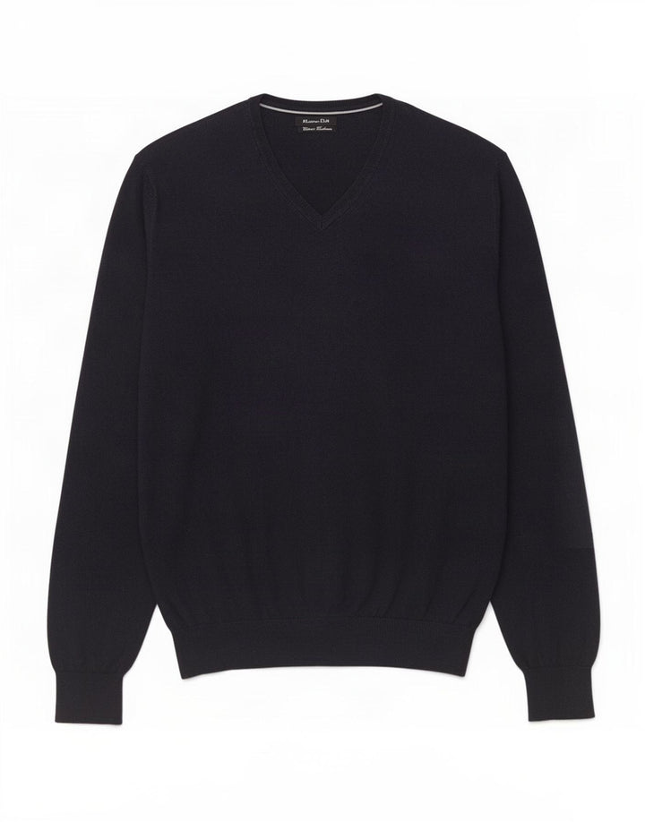 Massimo Dutti Mens V-Neck Jumper Sweater Medium Navy Blue Cotton