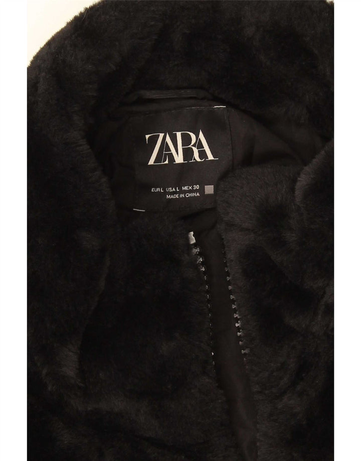 Zara Womens Faux Fur Jacket UK 16 Large Black Polyester