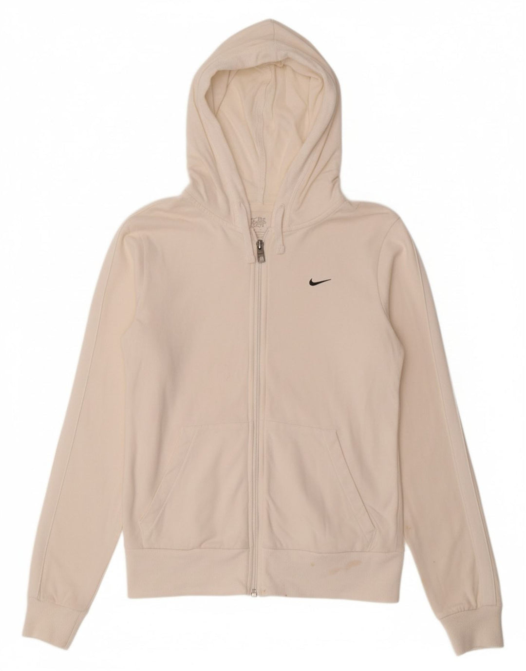 NIKE Womens Zip Hoodie Sweater UK 12/14 Medium Off White Cotton