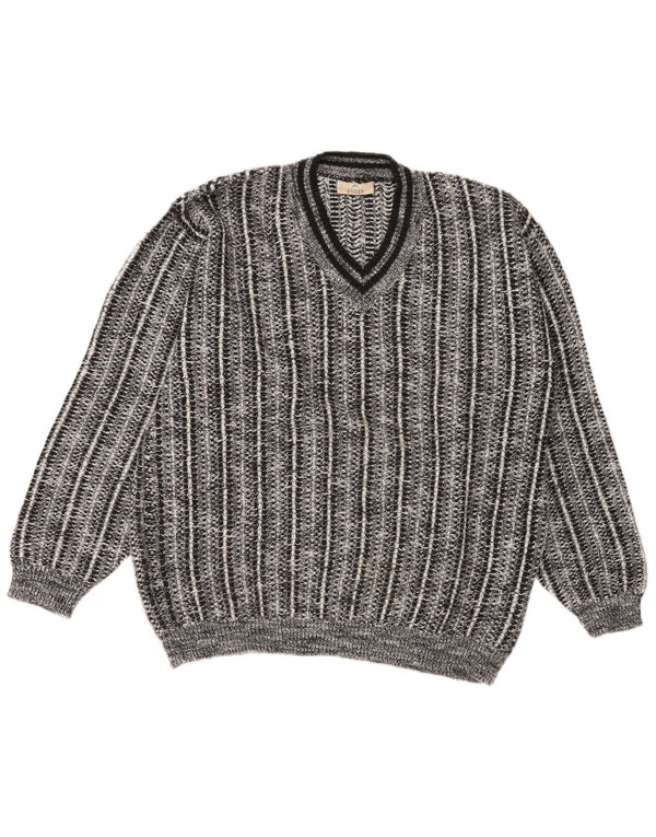 RODES Mens V-Neck Jumper Sweater Large Grey Striped Acrylic