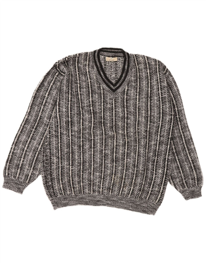 RODES Mens V-Neck Jumper Sweater Large Grey Striped Acrylic