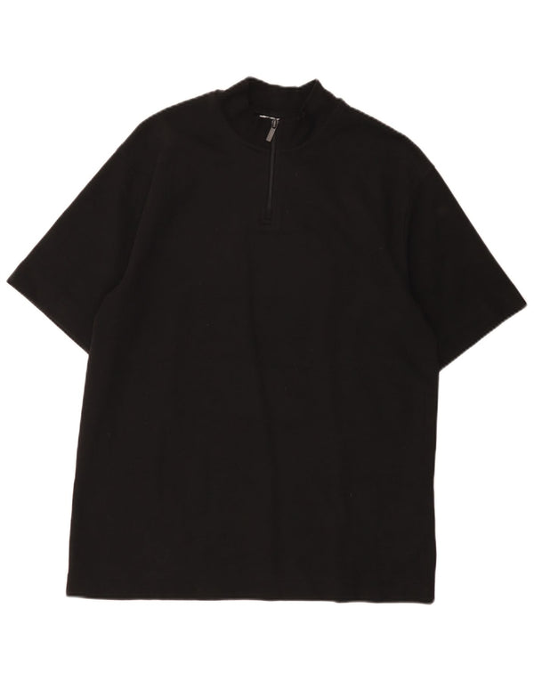 Zara Womens Zip Neck T-Shirt Top UK 14 Medium Black Cotton