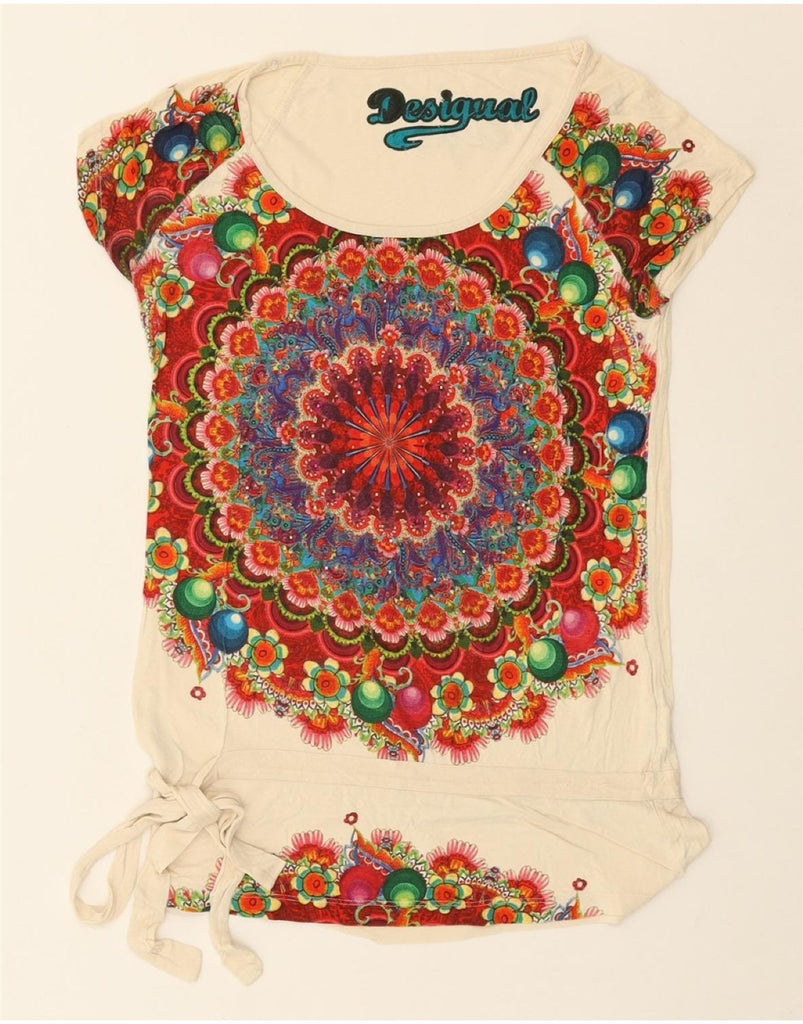 DESIGUAL Womens Graphic T-Shirt Top UK 12 Medium Off White Floral Viscose Vintage Desigual and Second-Hand Desigual from Messina Hembry 