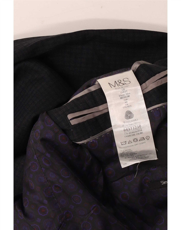 Marks & Spencer Mens 2 Button Blazer Jacket UK 36 Small Grey Check Wool