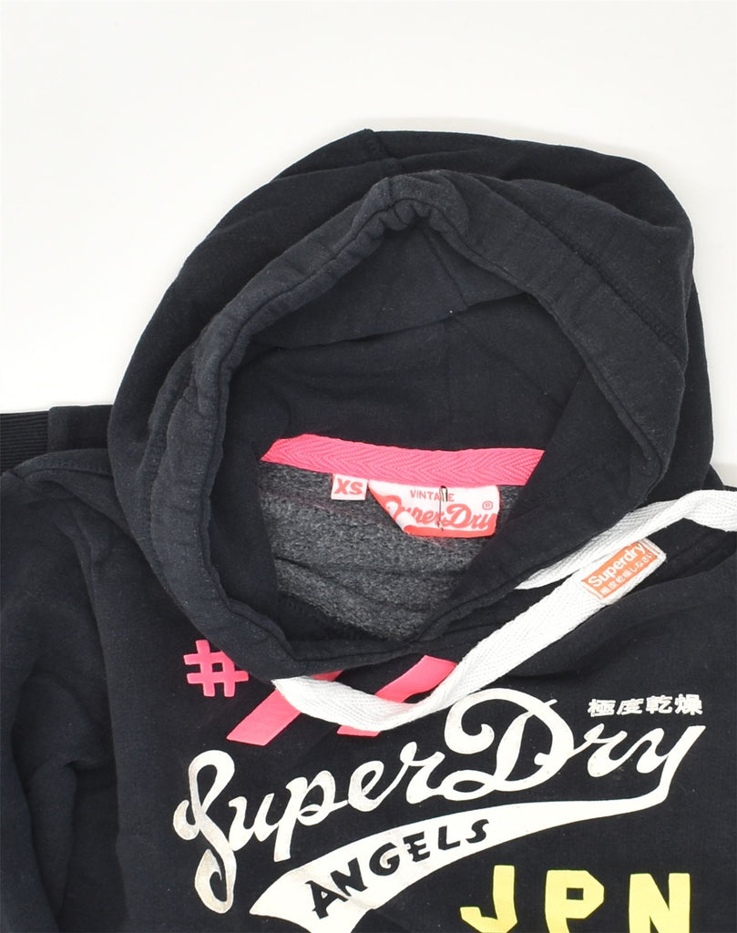 SUPERDRY Womens Graphic Hoodie Jumper UK 6 XS Navy Blue Cotton | Vintage Superdry | Thrift | Second-Hand Superdry | Used Clothing | Messina Hembry 