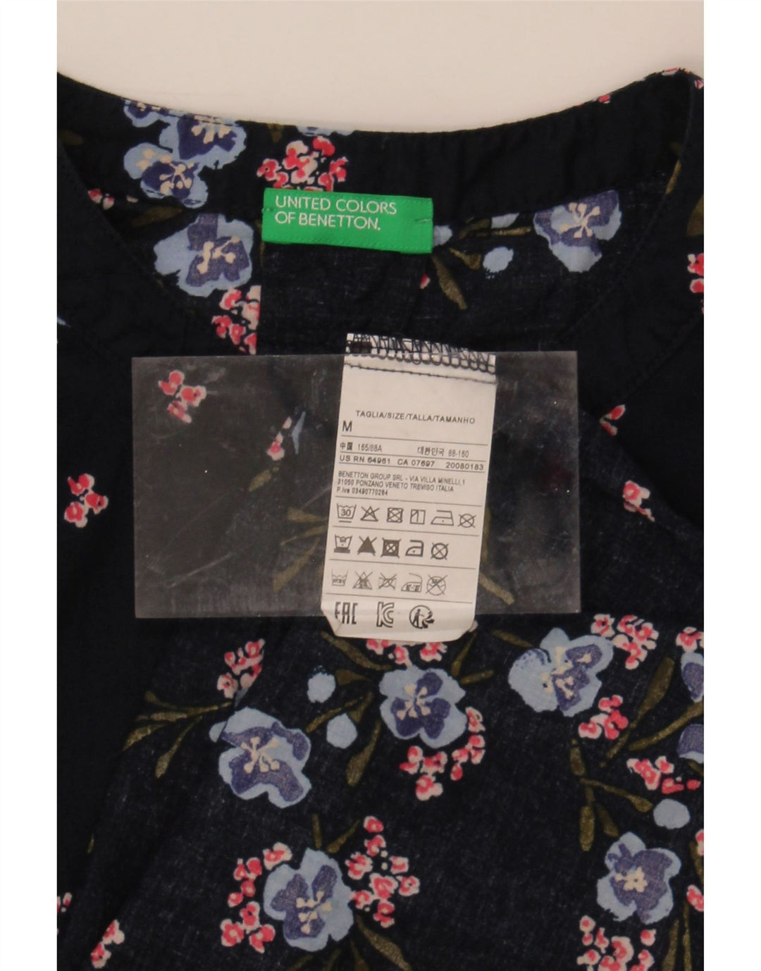 BENETTON Womens Shirt UK 14 Medium Navy Blue Floral Cotton Vintage Benetton and Second-Hand Benetton from Messina Hembry 