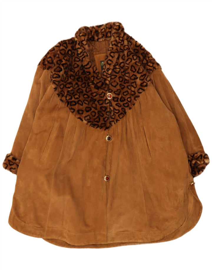Vintage Womens Oversized Suede Overcoat IT 44 Medium Brown Animal Print