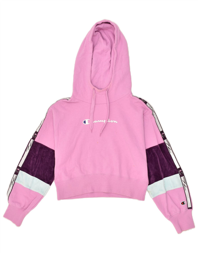 CHAMPION Womens Crop Graphic Hoodie Jumper UK 12 Medium Pink Colourblock | Vintage Champion | Thrift | Second-Hand Champion | Used Clothing | Messina Hembry 