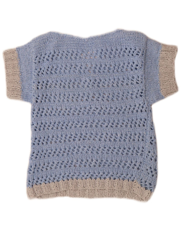 Vintage Womens Short Sleeve V-Neck Jumper Sweater UK 14 Medium Blue