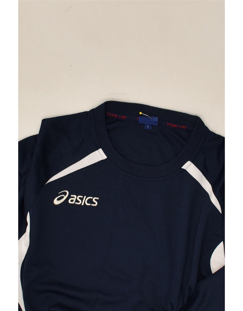 ASICS Mens T-Shirt Top Large Navy Blue Colourblock Polyester | Vintage Asics | Thrift | Second-Hand Asics | Used Clothing | Messina Hembry 