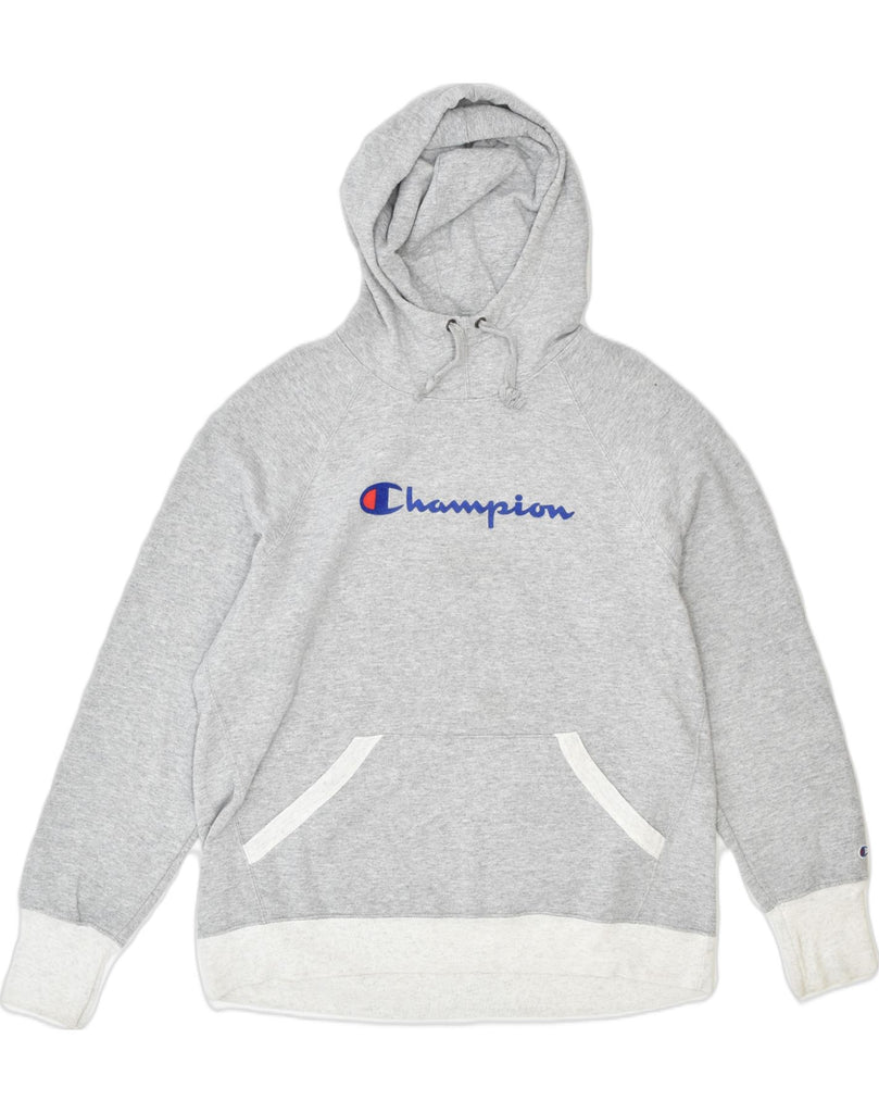 CHAMPION Womens Graphic Hoodie Jumper UK 16 Large Grey Polyester | Vintage Champion | Thrift | Second-Hand Champion | Used Clothing | Messina Hembry 
