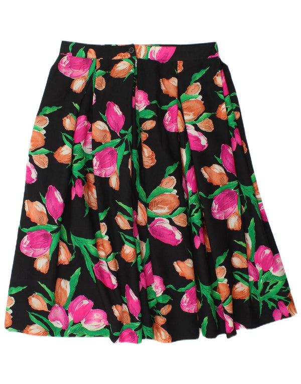 Vintage Womens Pleated A-Line Skirt W30 Medium Black Floral