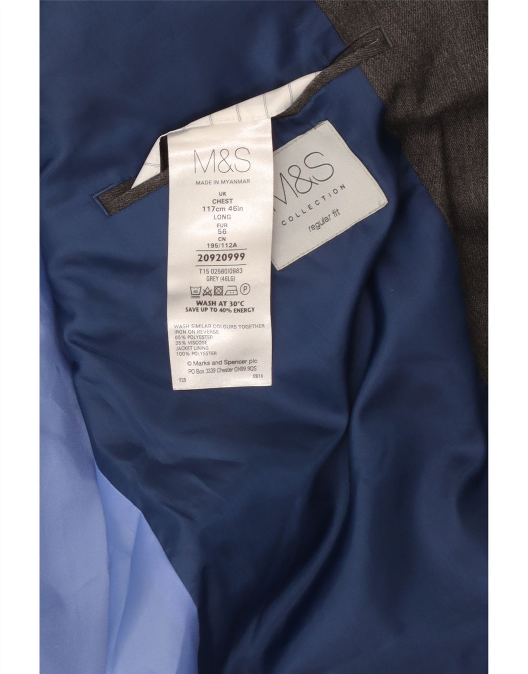 MARKS & SPENCER Mens 2 Button Regular Fit Blazer Jacket UK 46 XL Grey