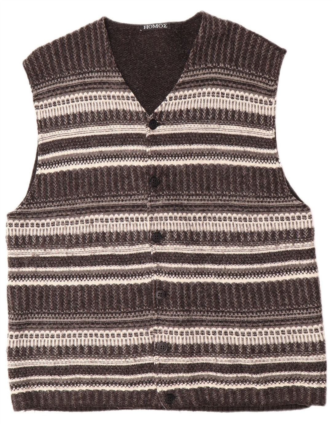 Vintage Mens Sleeveless Cardigan Sweater Large Grey Striped Wool