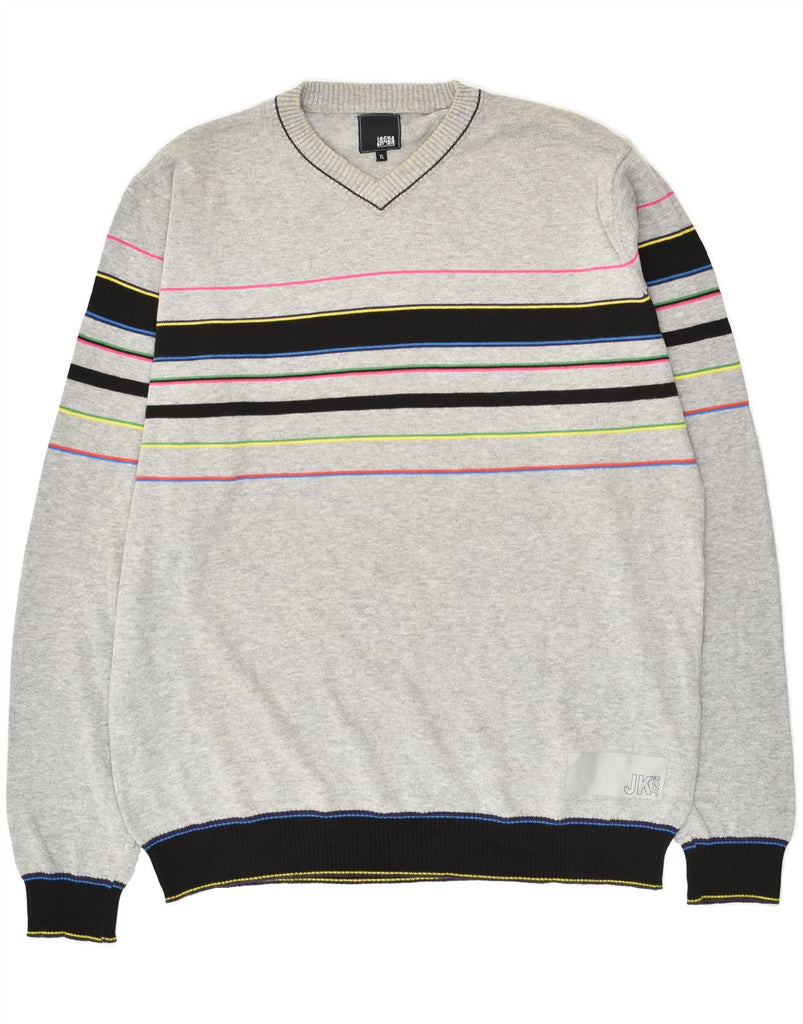 JACK & JONES Mens V-Neck Jumper Sweater XL Grey Striped | Vintage Jack & Jones | Thrift | Second-Hand Jack & Jones | Used Clothing | Messina Hembry 