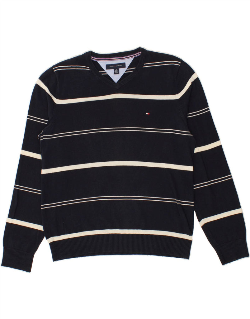 TOMMY HILFIGER Mens V-Neck Jumper Sweater Medium Navy Blue Striped Cotton Vintage Tommy Hilfiger and Second-Hand Tommy Hilfiger from Messina Hembry 