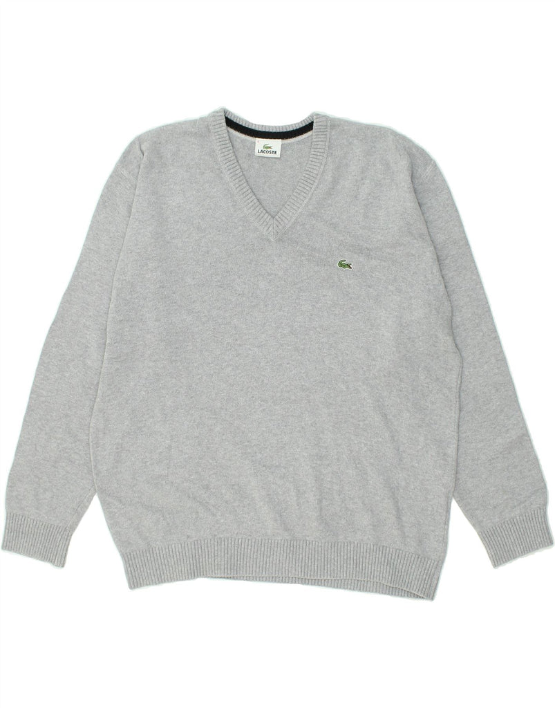 LACOSTE Mens V-Neck Jumper Sweater Size 6 XL Grey Cotton | Vintage Lacoste | Thrift | Second-Hand Lacoste | Used Clothing | Messina Hembry 