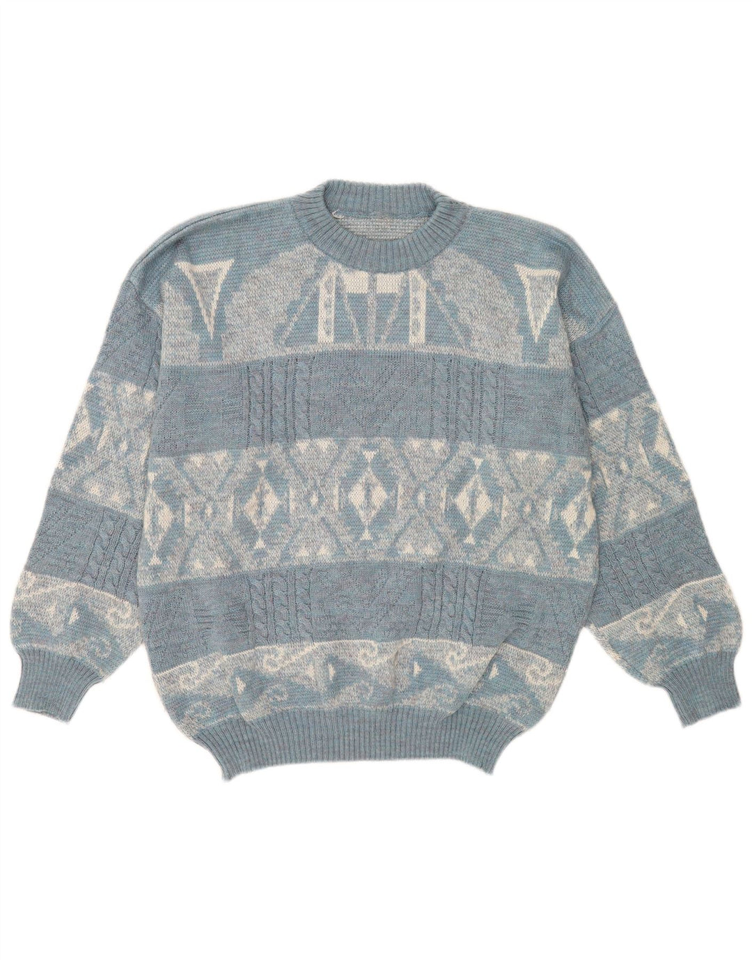 Vintage Mens Crew Neck Jumper Sweater Large Blue Geometric Acrylic