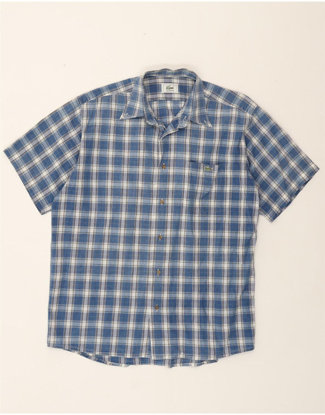 LACOSTE Mens Short Sleeve Shirt Size 40 Medium Blue Check