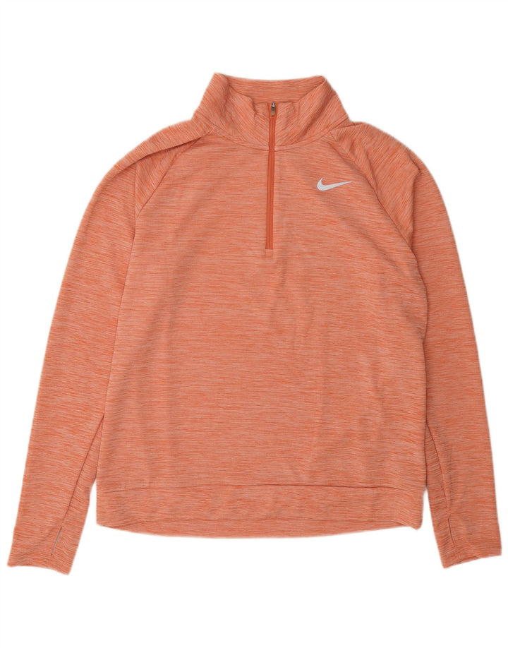 Nike Womens Dri Fit Zip Neck Sweatshirt Jumper UK 14 Medium Orange Flecked