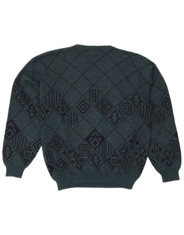 Lewinger Mens V-Neck Jumper Sweater Medium Green Geometric Wool