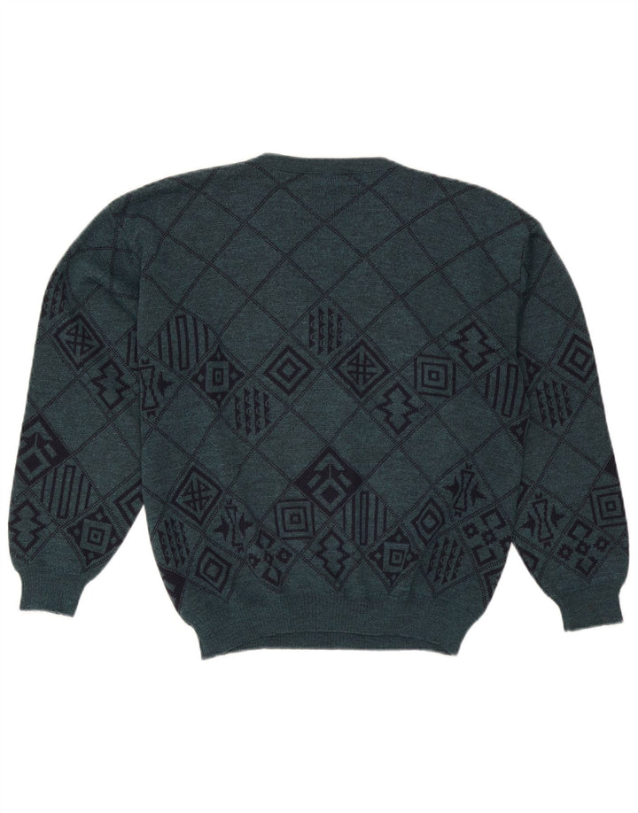 Lewinger Mens V-Neck Jumper Sweater Medium Green Geometric Wool