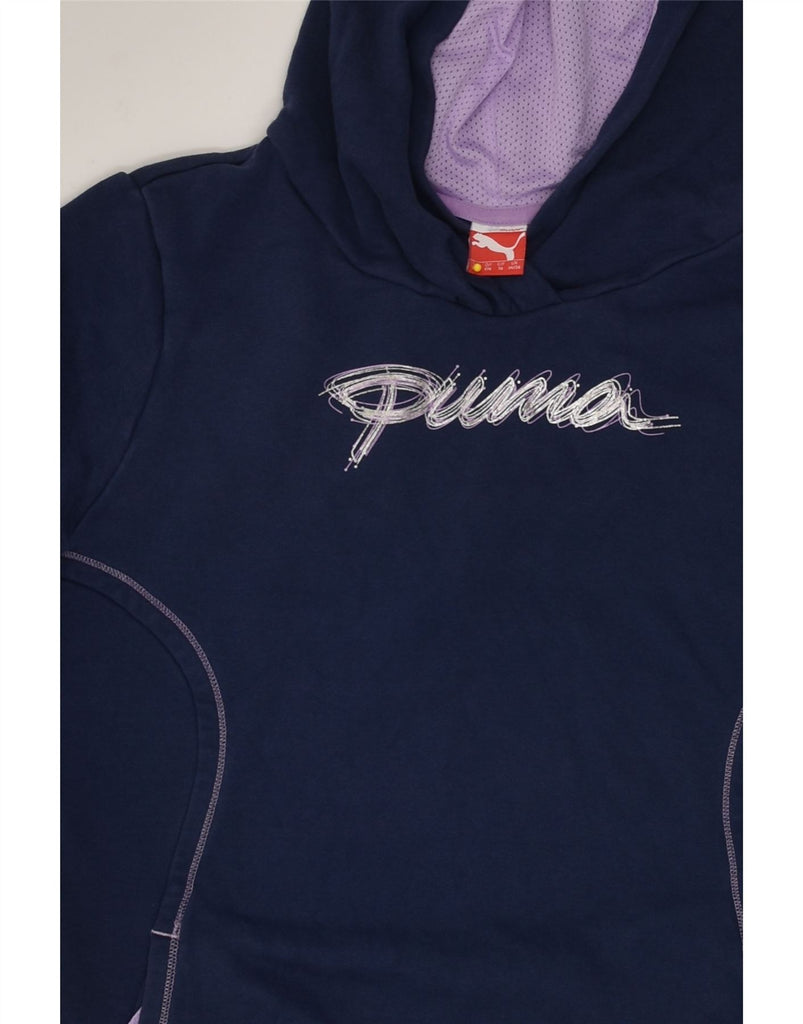 PUMA Girls Graphic Hoodie Jumper 13-14 Years XL Navy Blue Cotton | Vintage Puma | Thrift | Second-Hand Puma | Used Clothing | Messina Hembry 