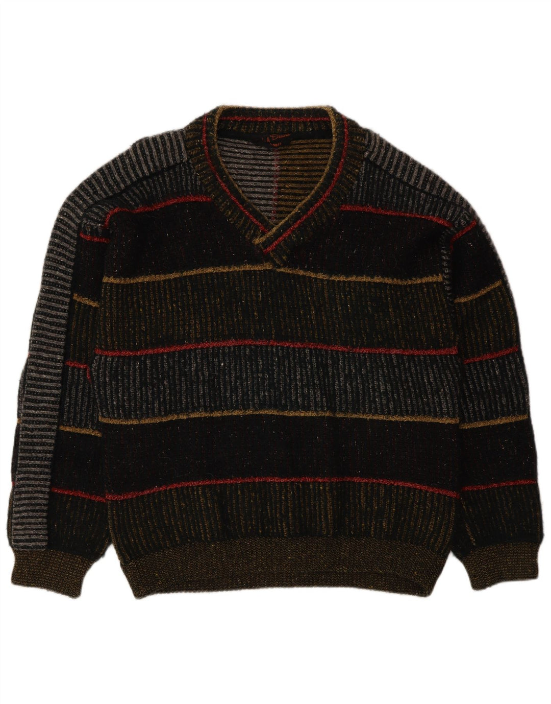 Vintage Mens V-Neck Jumper Sweater Large Multicoloured Striped Wool