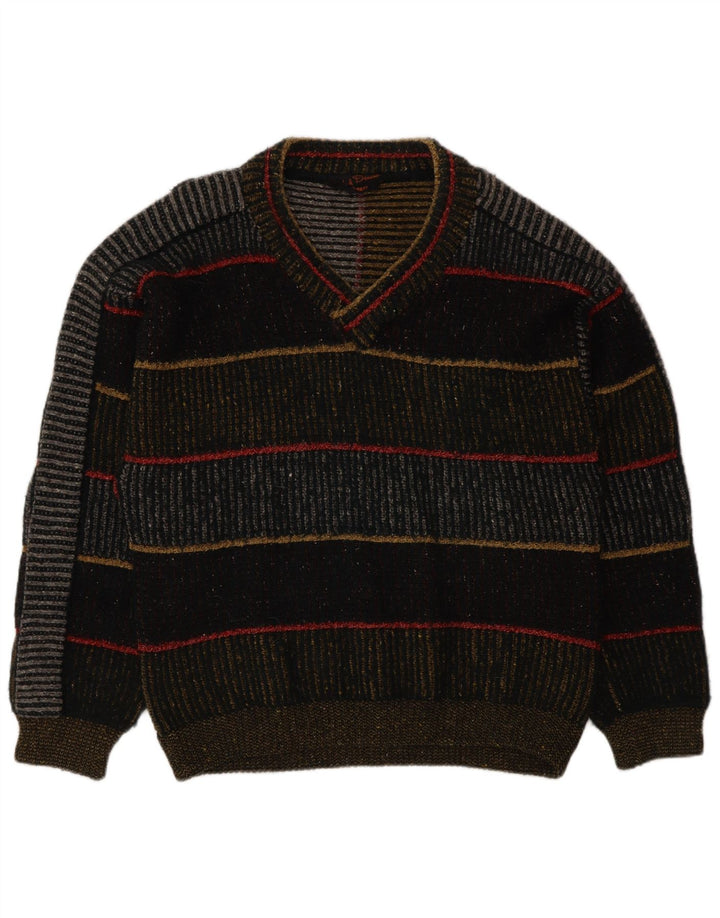Vintage Mens V-Neck Jumper Sweater Large Multicoloured Striped Wool