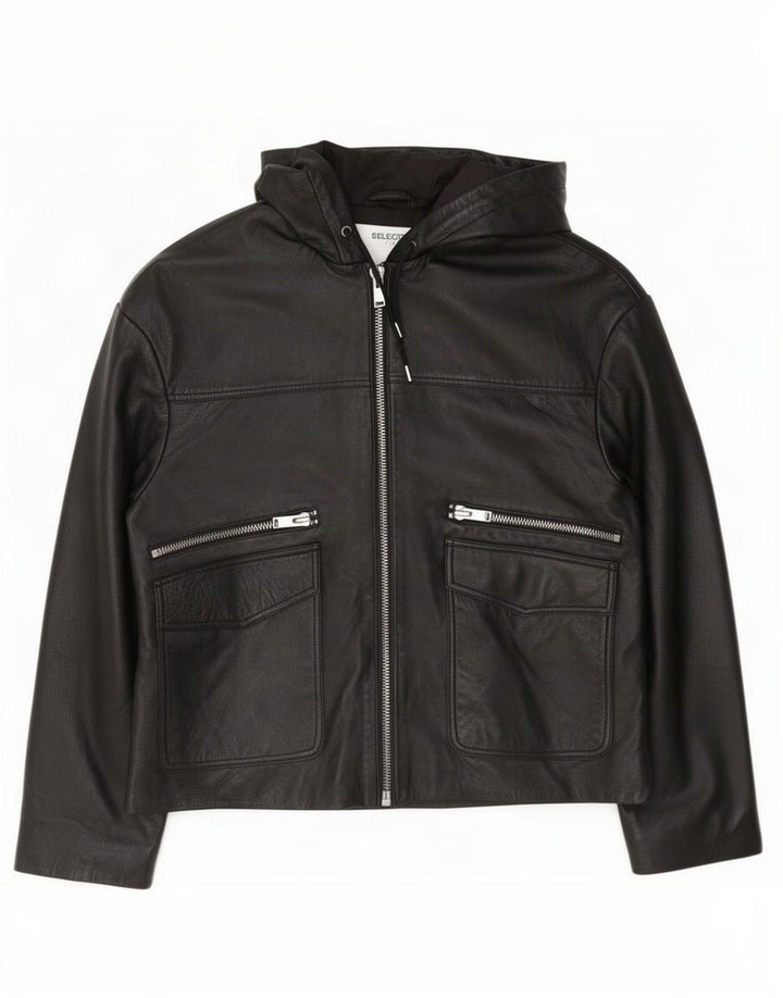 Selected Femme Womens Hooded Leather Jacket EU 38 Medium Black
