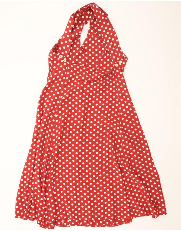 VINTAGE Womens Halter Swing Dress EU 38 Medium Burgundy Polka Dot Viscose