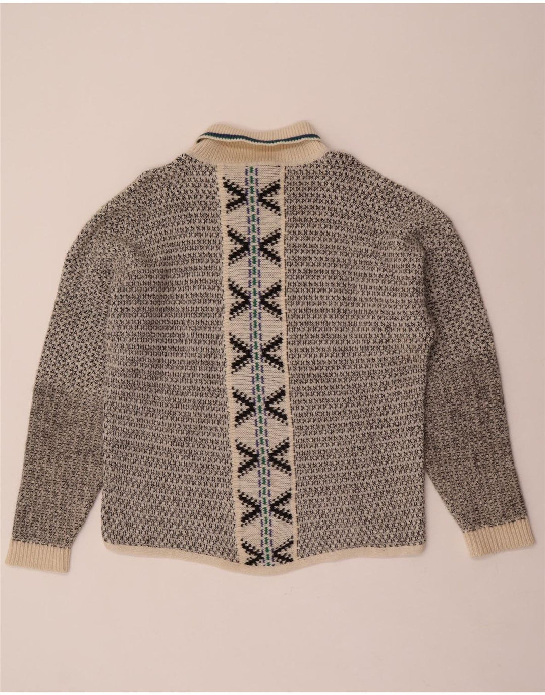 Vintage Mens Roll Neck Jumper Sweater Large Grey Geometric Wool