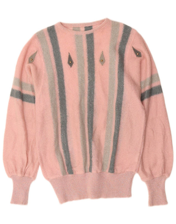 Vintage Womens Crew Neck Jumper Sweater UK 14 Medium Pink Striped