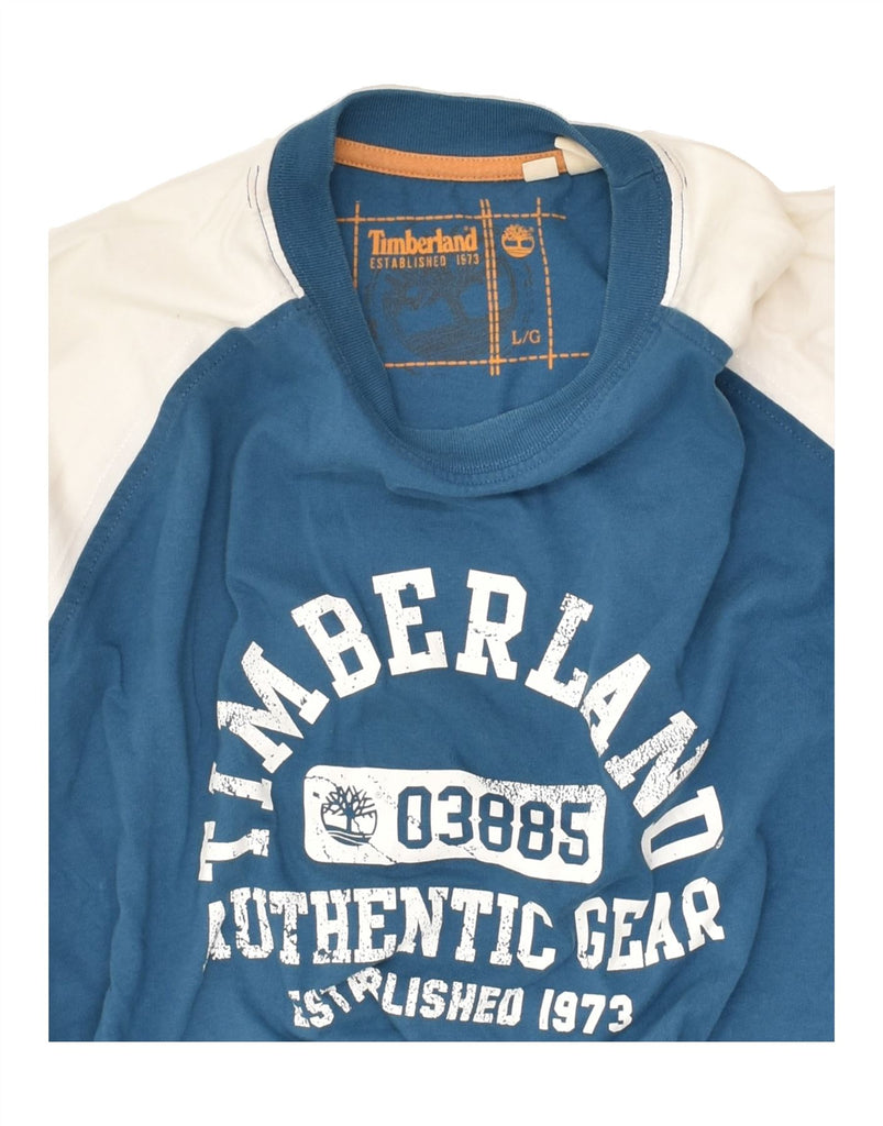 TIMBERLAND Mens Graphic Top Long Sleeve Large Blue Colourblock Cotton | Vintage Timberland | Thrift | Second-Hand Timberland | Used Clothing | Messina Hembry 