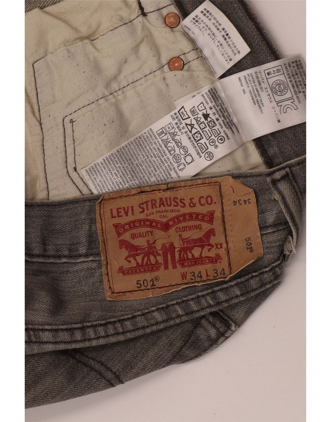 Levi's Mens 501 Straight Jeans W34 L34 Grey Cotton