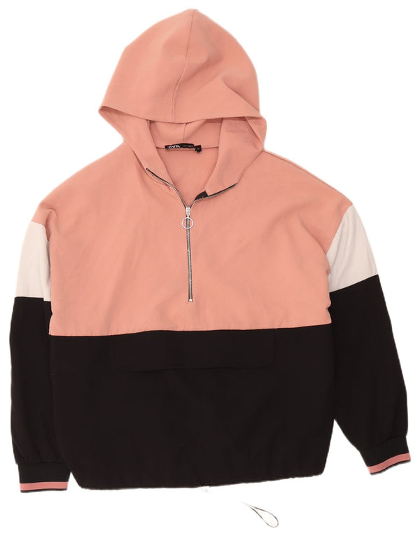 Zara Womens Zip Neck Hoodie Jumper UK 14 Medium Pink Colourblock Polyester