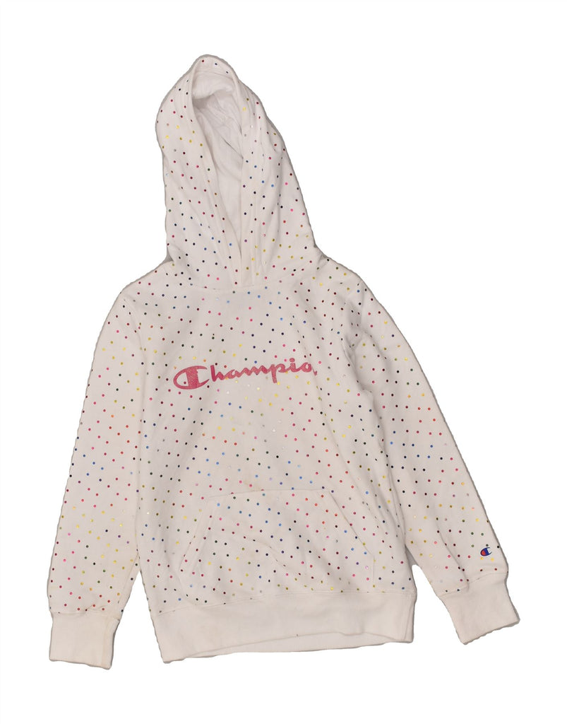 CHAMPION Girls Graphic Hoodie Jumper 10-11 Years White Polka Dot Cotton | Vintage Champion | Thrift | Second-Hand Champion | Used Clothing | Messina Hembry 