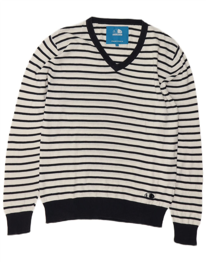 Americanino Mens V-Neck Jumper Sweater Medium White Striped Cotton